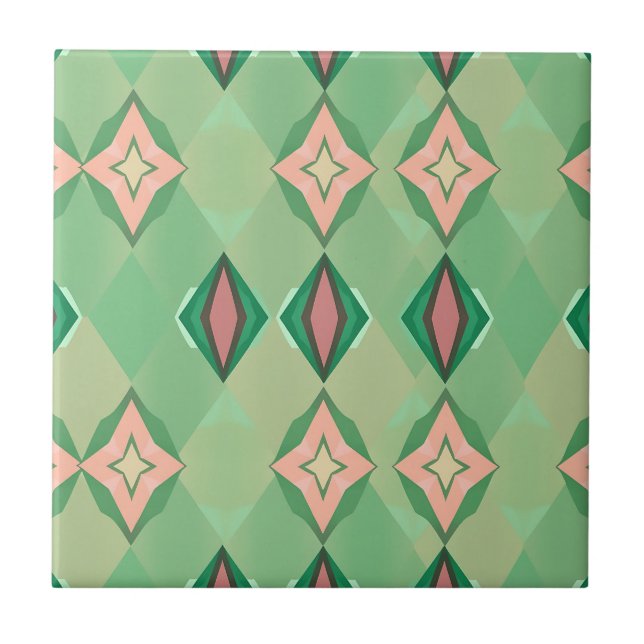 Azulejo Patrón geométrico retro verde rosa diamante estrel (Frente)