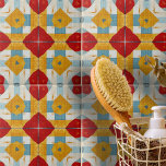 Azulejo Patrón geométrico texturizado azul amarillo rojo<br><div class="desc">Esta cerámica muestra un diseño vibrante y simétrico. El patrón se compone de diamantes rojos en negrita en el centro, rodeados de formas de diamante amarillo con cortes centrales. Estas formas crean un contraste llamativo entre sí. Las franjas azules se cruzan en ángulos rectos alrededor de los diamantes amarillos, enmarcándolos...</div>
