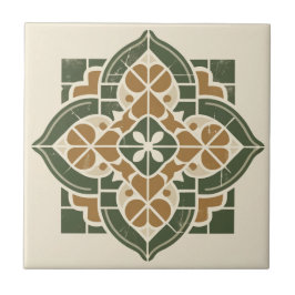 Azulejo Patrón geométrico verde, dorado y crema mosaico ce