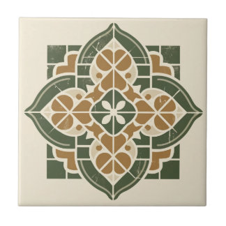 Azulejo Patrón geométrico verde, dorado y crema mosaico ce