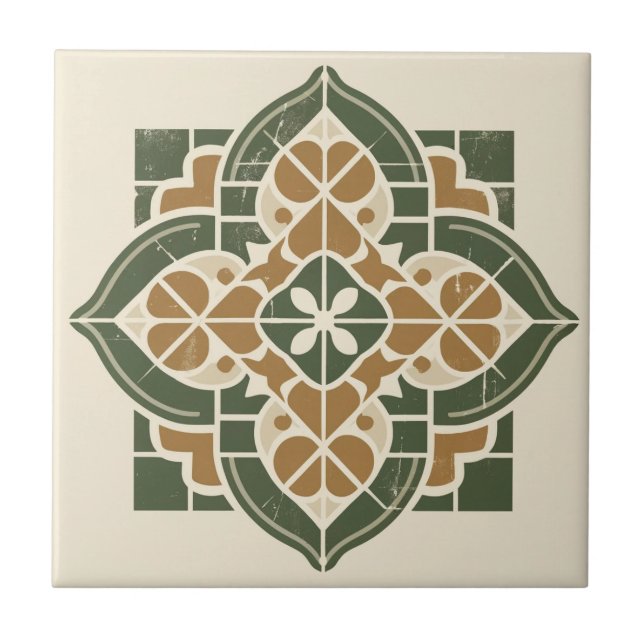 Azulejo Patrón geométrico verde, dorado y crema mosaico ce (Frente)