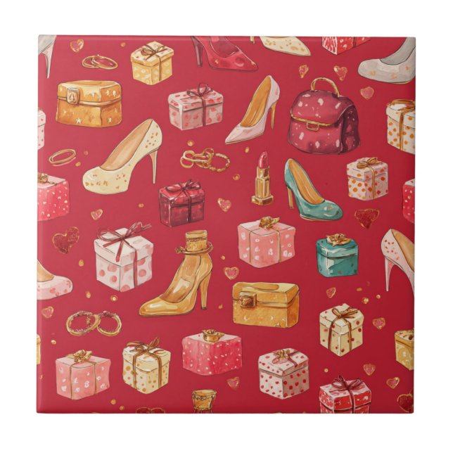 Azulejo Patrón Glam Navidad Coquette Rojo (Frente)