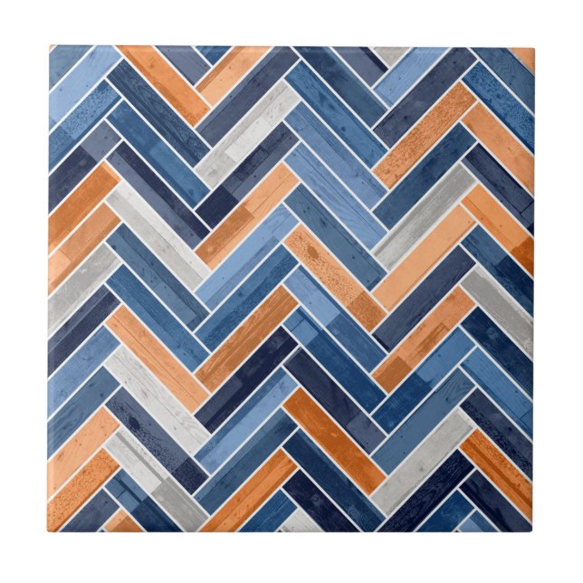 Azulejo Patrón Herringbone en azul y Naranja de la marina (Frente)