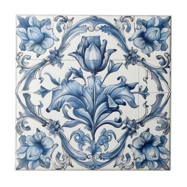 Azulejo Patrón holandés de tulipanes azules (Frente)