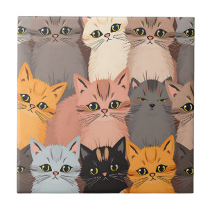 Azulejo Patrón Ilustrado de Caritas de Gatos Adorables