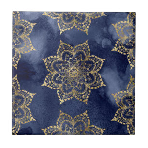 Azulejo Patrón Mandala Boho Oro Azul Marino Textura de Tin
