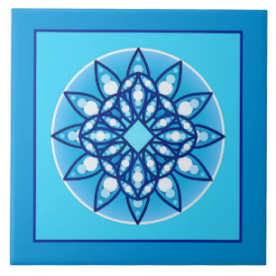Azulejo Patrón Mandala bordeado en azul y turquesa