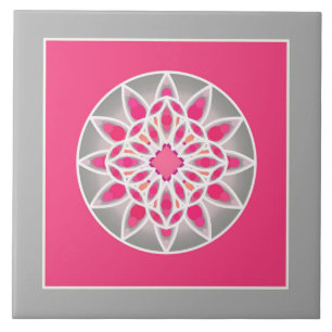 Azulejo Patrón Mandala en Rosa Fucsia, Gris y Blanco