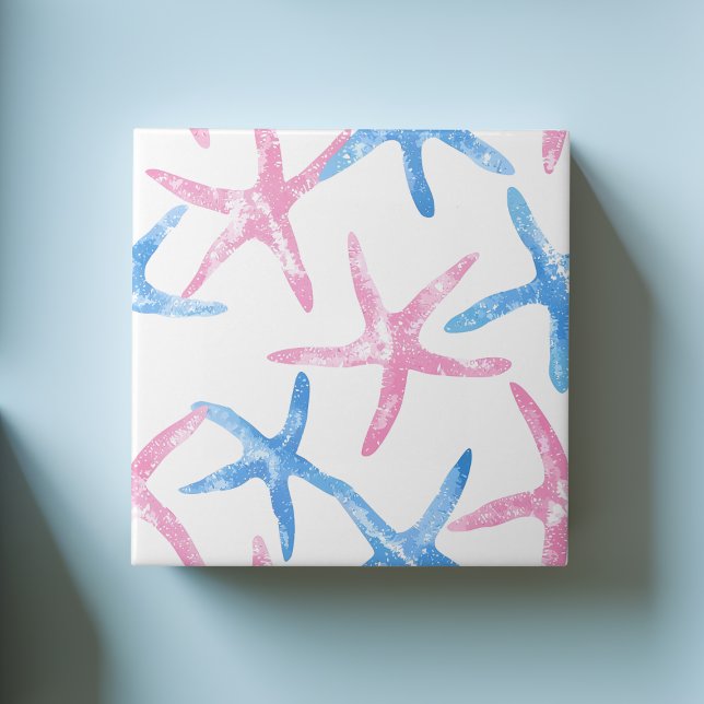 Azulejo Patrón marino costero moderno de pez estrella rosa (Blue Pink Starfish Modern Coastal Seaside Pattern Ceramic Tile)