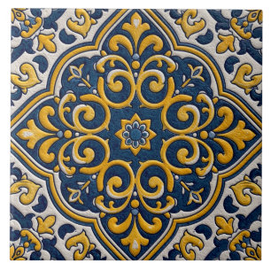 Azulejo Patrón marroquí floral arabesco azul amarillo