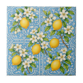 Azulejo Patrón Mediterráneo Azul Acuarela Limón