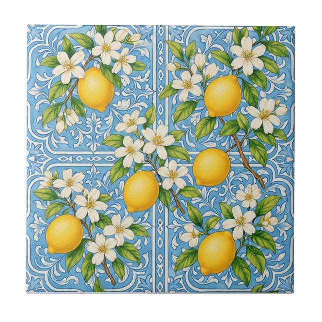 Azulejo Patrón Mediterráneo Azul Acuarela Limón (Frente)
