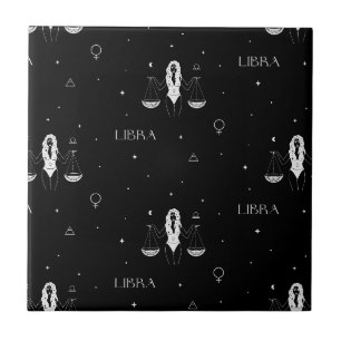 Azulejo Patrón místico del zodiaco Libra en negro y blanco