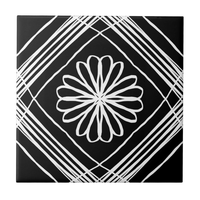 Azulejo Patrón moderno de flor blanca negra (Frente)