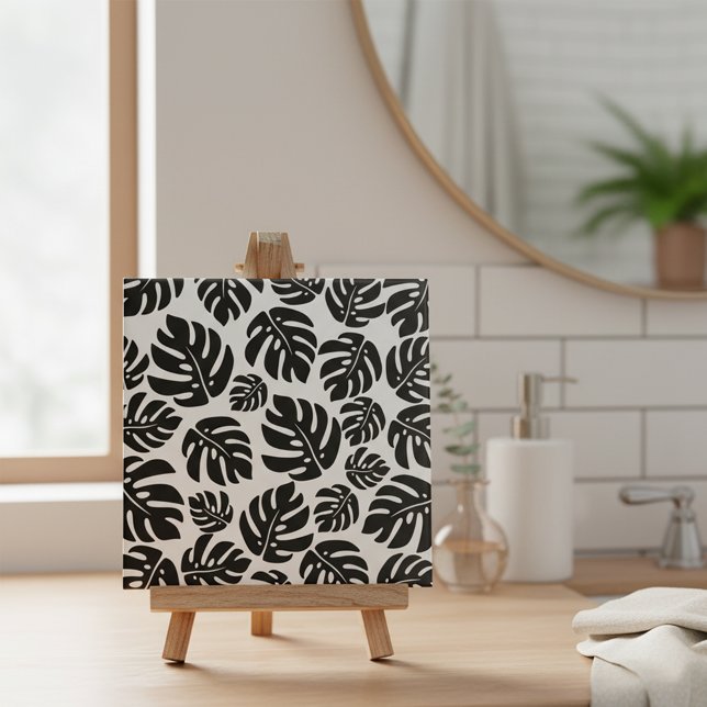 Azulejo Patrón moderno de hoja de Monstera blanco y negro  (Subido por el creador)