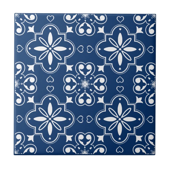 Azulejo Patrón Moderno Mediterráneo Azul Marino Blanco (Frente)