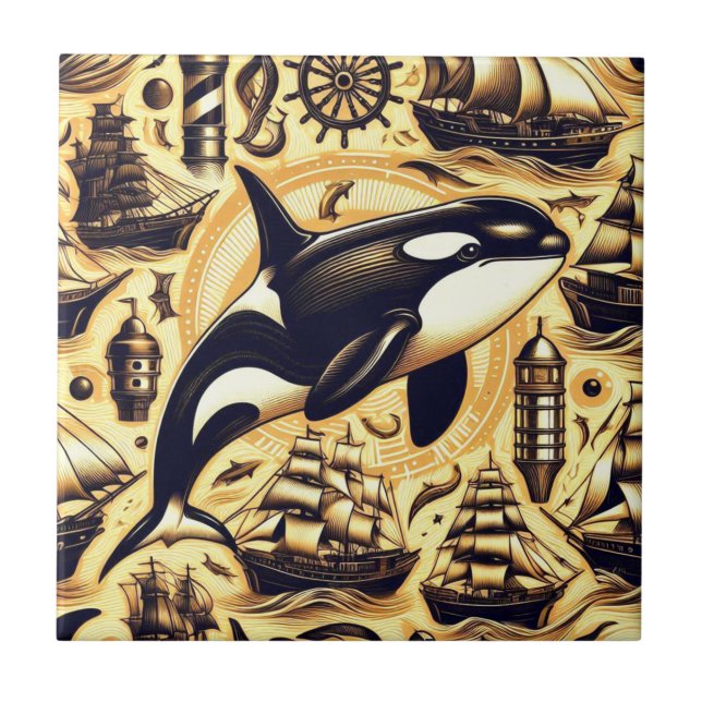 Azulejo Patrón naumático de orca vintage (Frente)