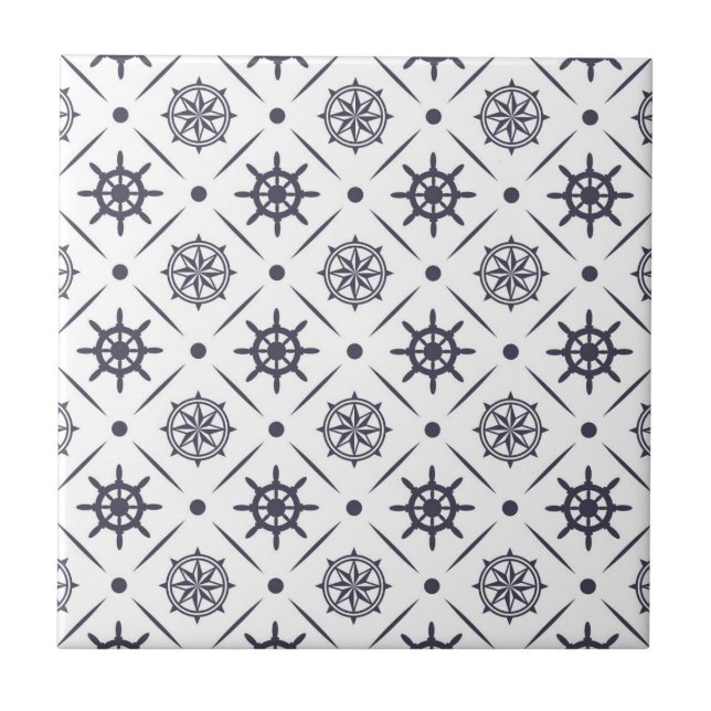Azulejo Patrón náutico con rueda de vela y brújula (Frente)