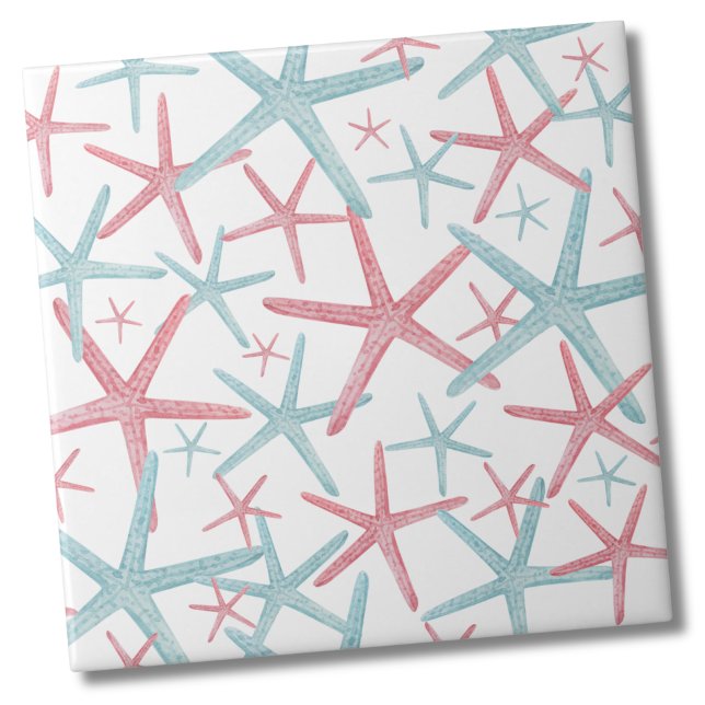 Azulejo Patrón náutico de playa costera (Teal Pink Nautical Starfish Shell Beach Pattern Ceramic Tile)