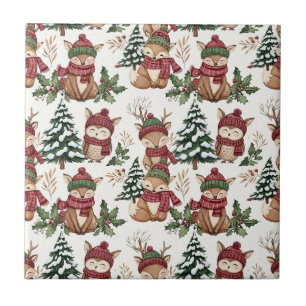 Azulejo Patrón Navideño de Animales del Bosque con Zorro y