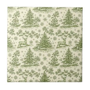 Azulejo Patrón Navideño de Ciervos en Bosque con Toile Ver