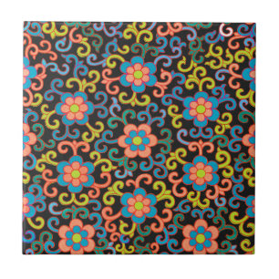 Azulejo Patrón negro chic con flores coloridas