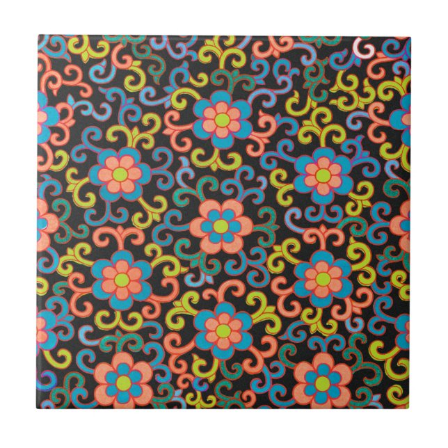 Azulejo Patrón negro chic con flores coloridas  (Frente)