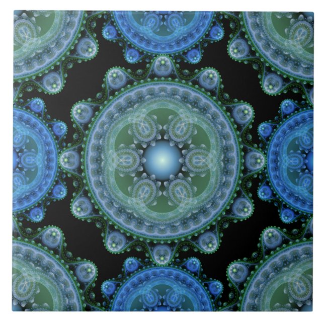 Azulejo Patrón oriental azul fractal verde (Frente)