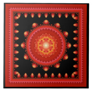 Azulejo Patrón oriental fractal rojo enmarcado