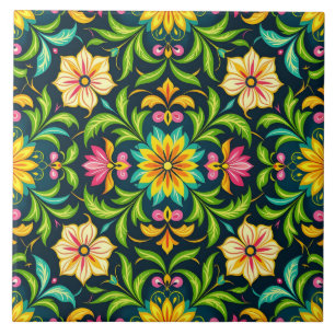 Azulejo Patrón Ornamental Floral en Colores Vibrantes