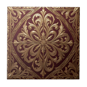 Azulejo Patrón Ornate Dorado de Acanto Barroco Rojo Intens
