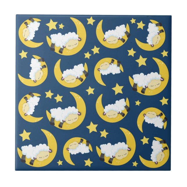 Azulejo Patrón ovino, oveja durmiente, luna, estrellas (Frente)