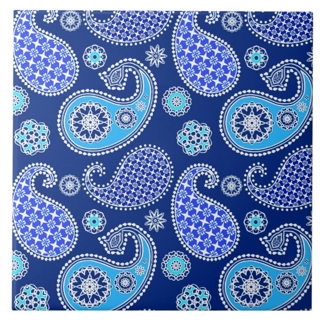 Azulejo Patrón paisley, azul cobalto y blanco (Frente)