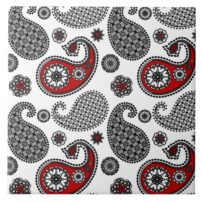 Azulejo Patrón paisley, negro, blanco y rojo (Frente)