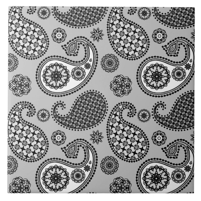 Azulejo Patrón paisley, tonos grises, negros y blancos (Frente)
