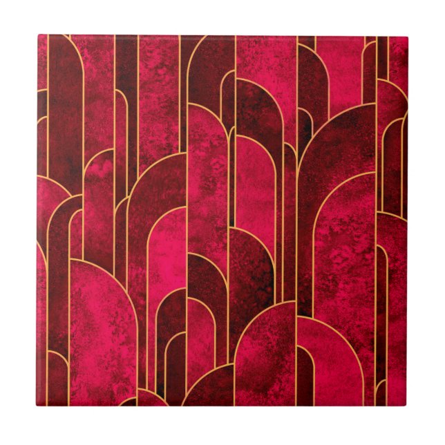Azulejo Patrón real rojo y oro Art Deco (Frente)
