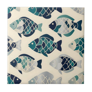 Azulejo Patrón repetitivo de peces estilizados en azul mar