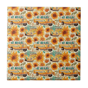 Azulejo Patrón Retro de Furgoneta de Girasol – Boho Hippie