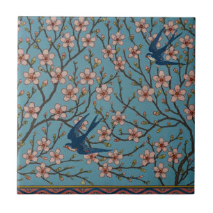 Azulejo Patrón Retro de Golondrina Floral Azul de Walter C