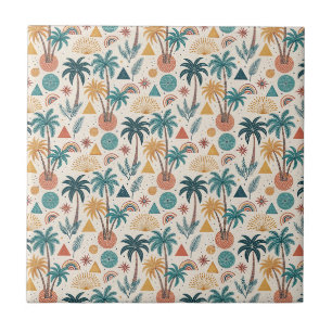 Azulejo Patrón Retro de Palma Tropical y Sol Geométrico