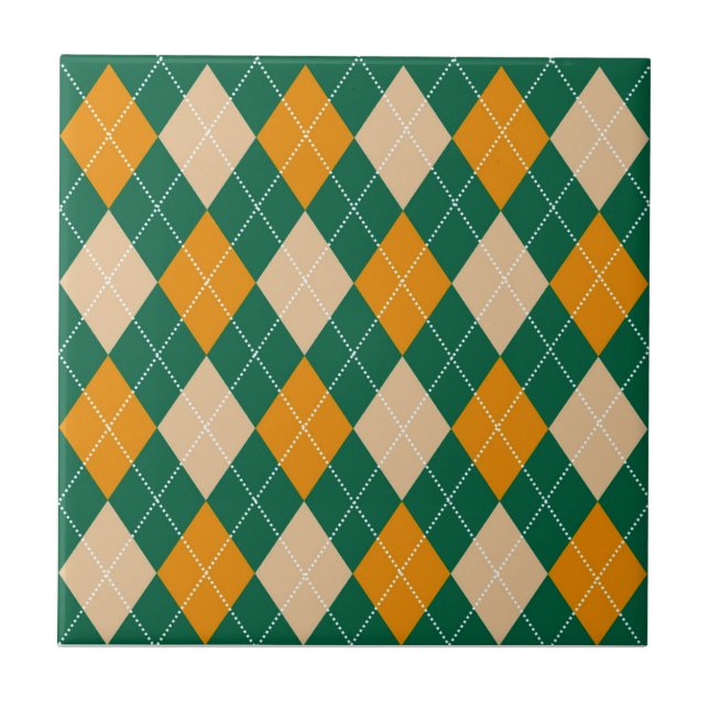 Azulejo Patrón retro verde beige mostaza argyle (Frente)