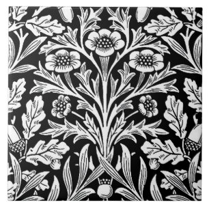 Azulejo Patrón Roble Negro Blanco Vintage William Morris