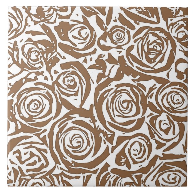 Azulejo Patrón Rosa abstracto moderno, Taupe Tan y Blanco (Frente)
