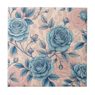 Azulejo Patrón Rosa azul retro sobre fondo rosa suave
