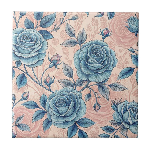 Azulejo Patrón Rosa azul retro sobre fondo rosa suave (Frente)