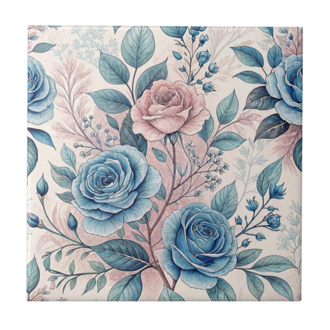 Azulejo Patrón rosa azul y rosa sobre blanco rosado suave (Frente)