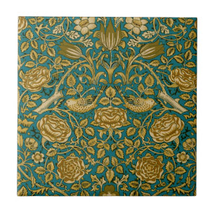 Azulejo Patrón Rosa Tudor de William Morris Azul Dorado
