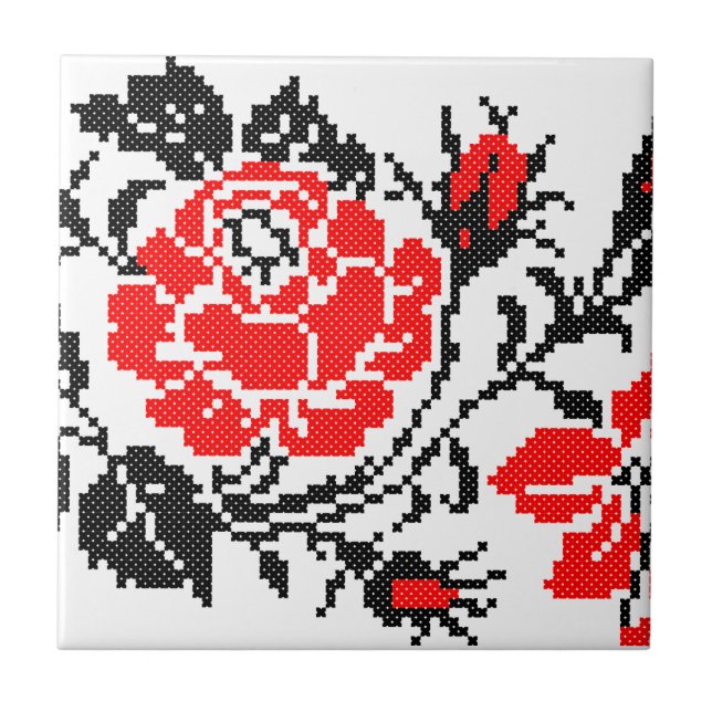 Azulejo Patrón ruso de puntos cruzados de Rosa rojo y negr (Frente)