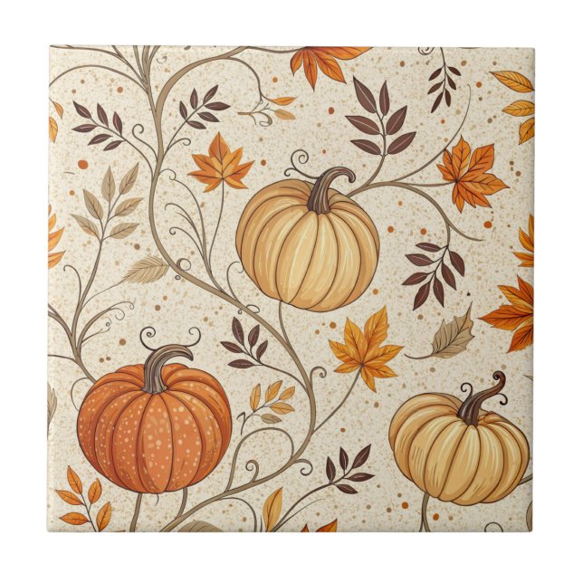 Azulejo Patrón rústico de calabaza y follaje de otoño (Frente)