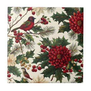 Azulejo Patrón Rústico de Navidades de aves y poinsettia (
